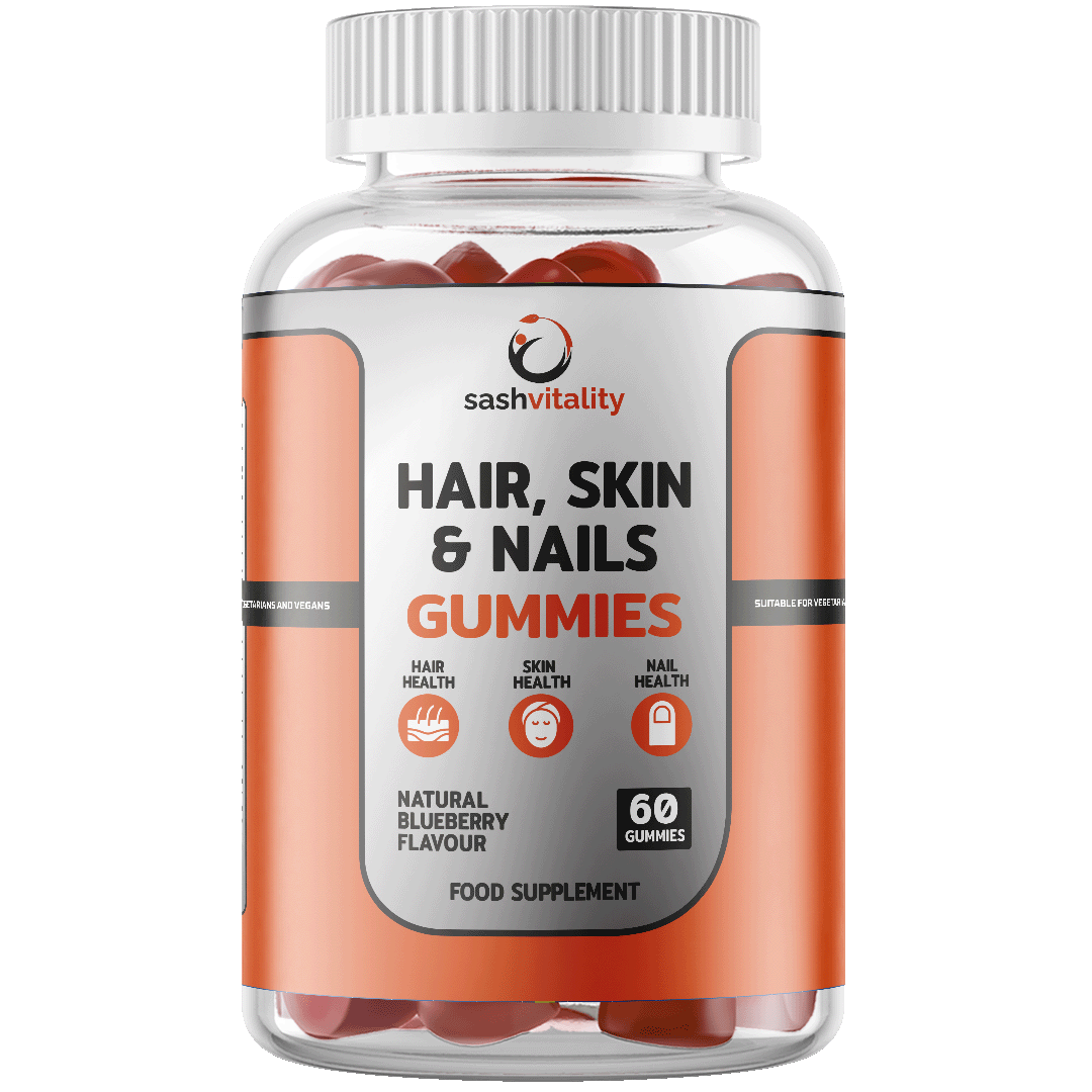 Hair, Skin, Nails Gummies | 60 Count | Natural Blueberry Flavour | Biotin, Vitamins A, C, E, B6, Zinc, Selenium | Health & Beauty Support | Vegan-Friendly | Sash Vitality