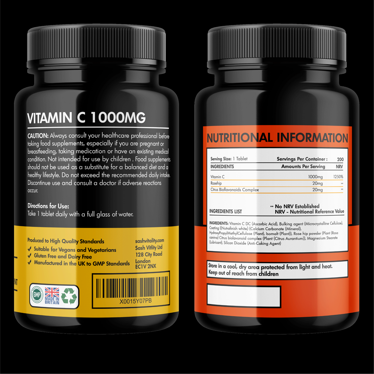 Vitamin C 1000mg - 200 Vegan Tablets - Added Bioflavonoids & Rosehip - Supports The Immune System and Reduces Tiredness and Fatigue - UK Made Sash Vitality - Anti-Inflammatory - Allery support