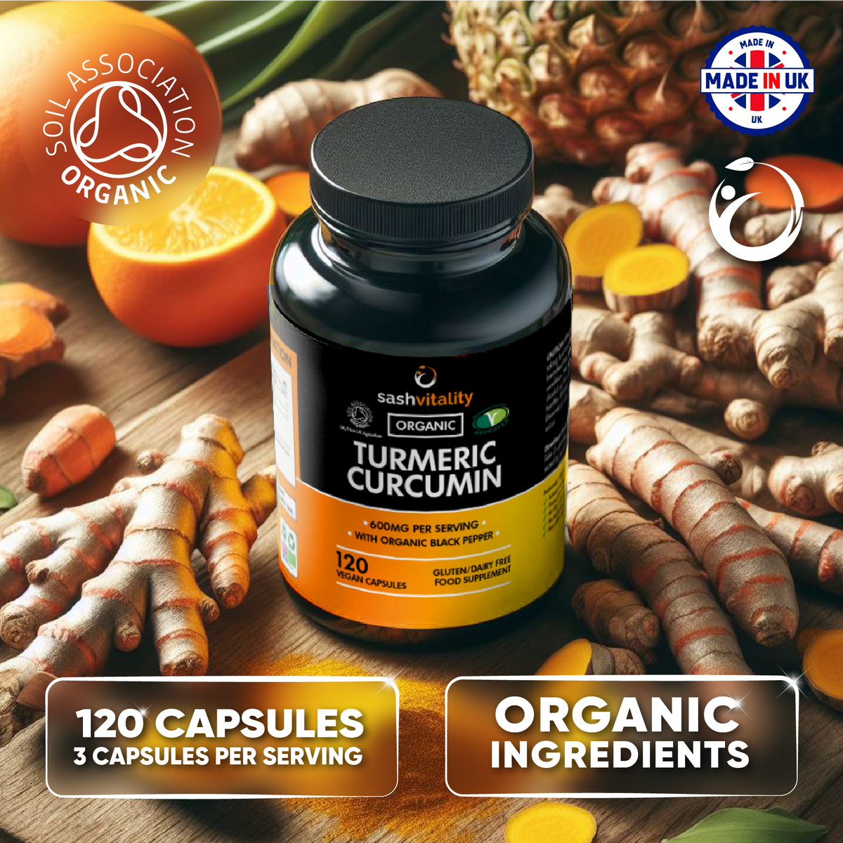 Organic Turmeric Curcumin 600mg Serving with Organic Black Pepper | 120 Vegan Capsules | High Potency Antioxidant & Absorption | Certified Organic Supplement – UK Made Sash Vitality