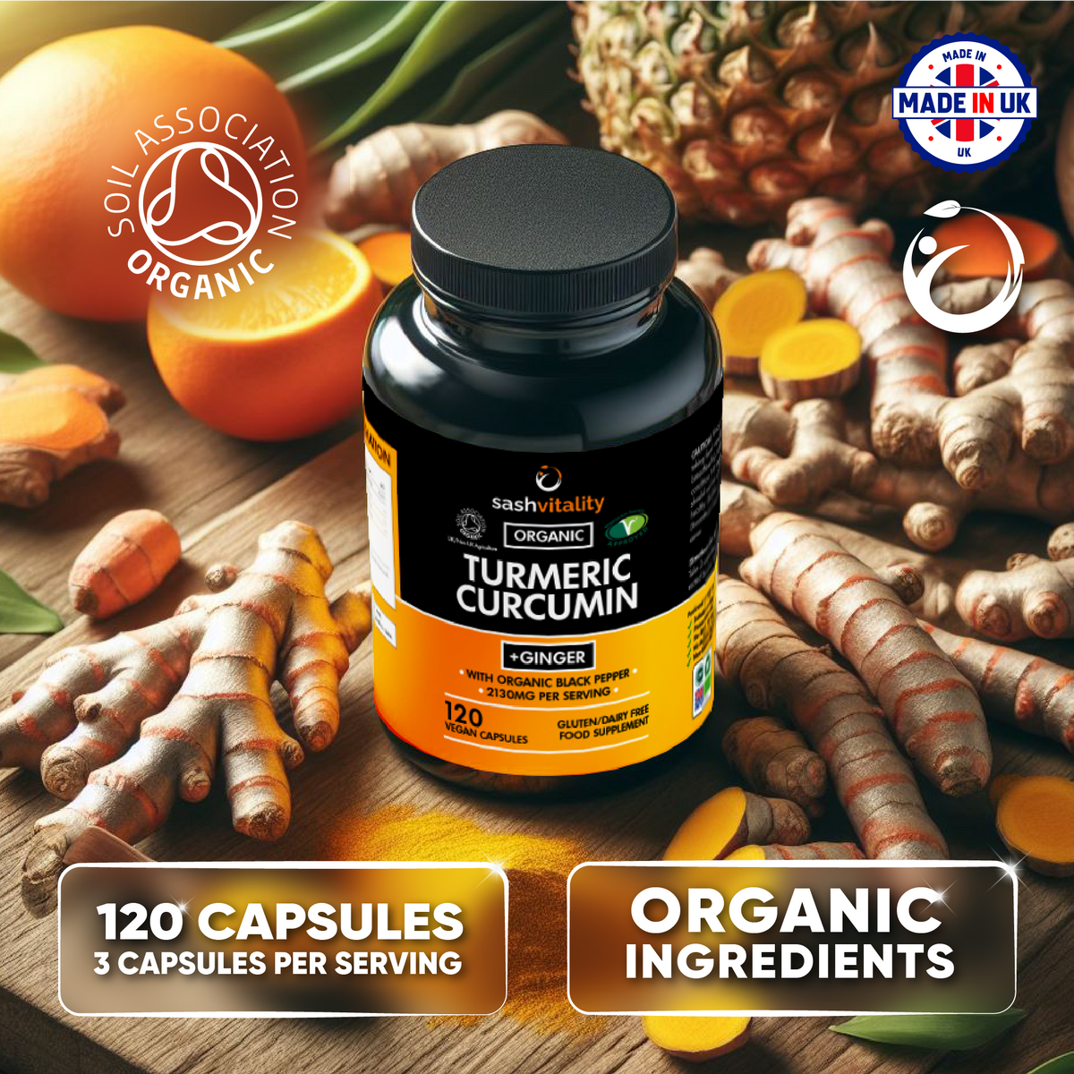 Organic Turmeric Curcumin 2130mg with Black Pepper & Ginger | 120 Vegan Turmeric Capsules High Strength | Supports Joints | Immune System Support | Soil Association Certified Organic | UK Made