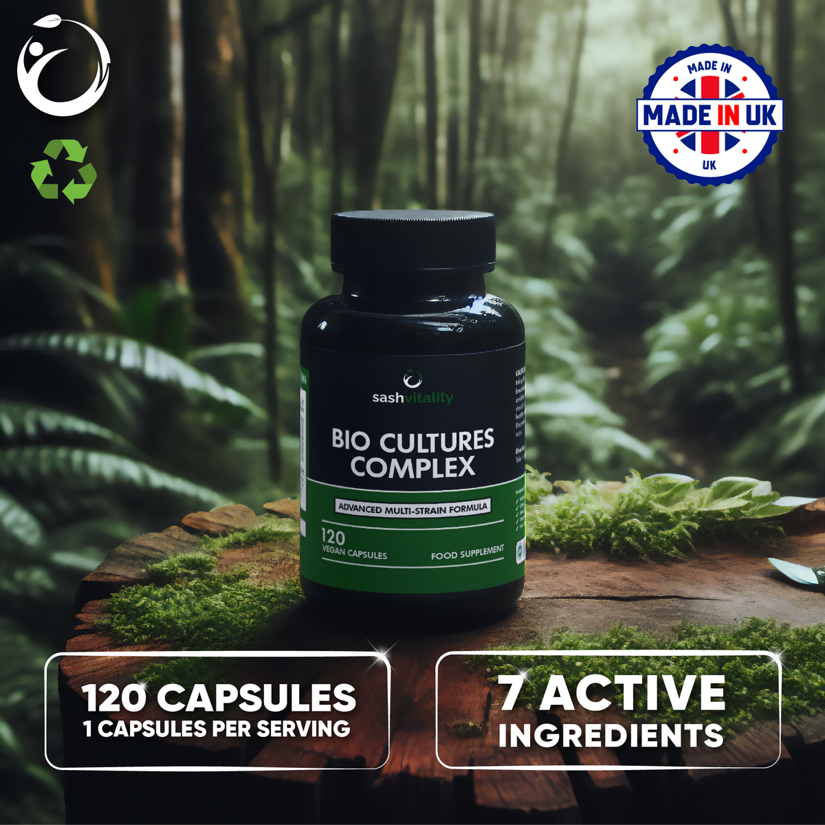 Probiotics Complex Probiotics for Adults - 120 Vegetarian Capsules - Advanced Multi-Strain - Prebiotic Inulin - Active Strains Lactobacillus Acidophilus & Bifidobacterium - UK Made Sash Vitality
