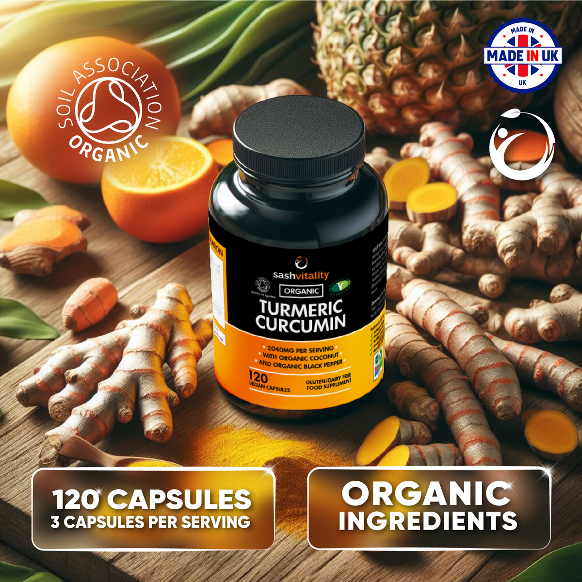 Organic Turmeric High Strength 2040mg Capsules with Black Pepper & Ginger – Advanced Turmeric Curcumin | 120 Vegan Turmeric Capsules | Certified Organic | UK Made Sash Vitality Joint, Immunity support