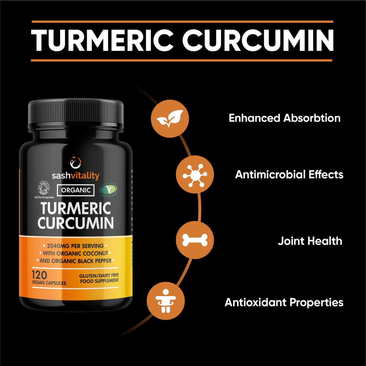 Organic Turmeric High Strength 2040mg Capsules with Black Pepper & Ginger – Advanced Turmeric Curcumin | 120 Vegan Turmeric Capsules | Certified Organic | UK Made Sash Vitality Joint, Immunity support