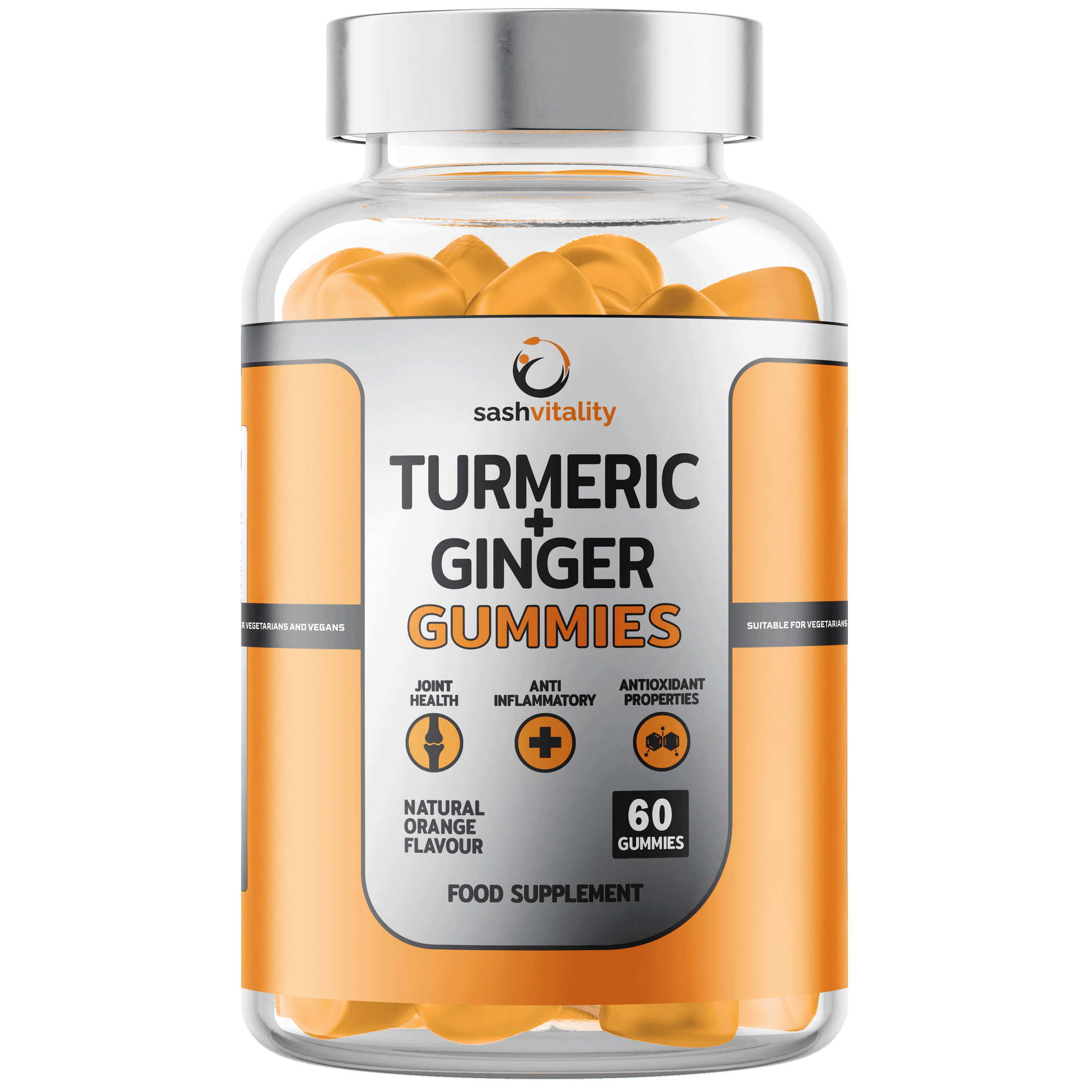 Turmeric and Ginger Gummies - 60 Vegetarian Gummies - High Potency Antioxidant & Absorption – Anti-Inflammatory - Joint Health Support - Helps Pain Relief - UK - Sash Vitality (Natural Orange Flavour)