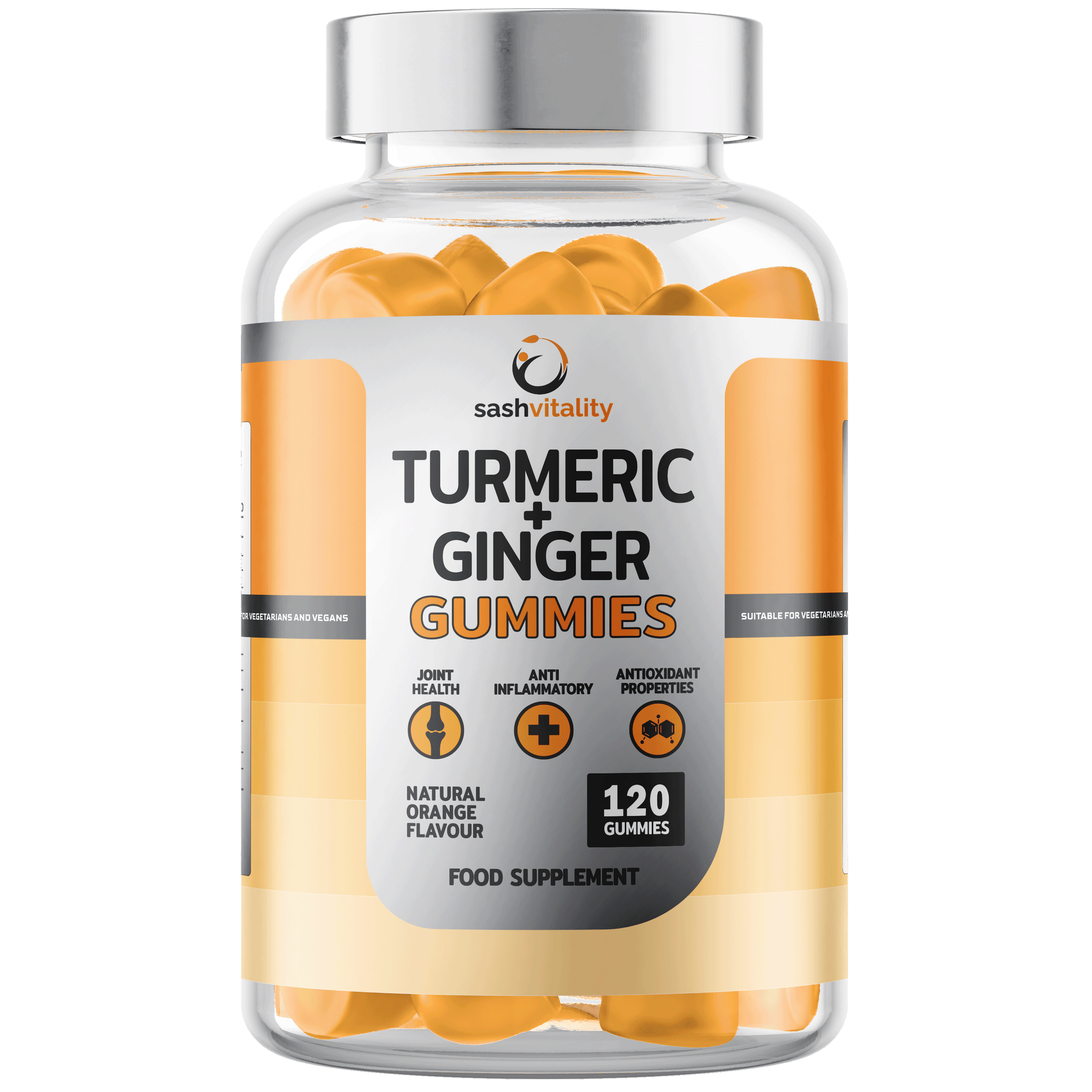 Turmeric and Ginger Gummies - 120 Gummies - High Potency Antioxidant & Absorption – Anti-Inflammatory - Joint Health Support - Helps Pain Relief - UK Made Sash Vitality (Natural Orange Flavour)