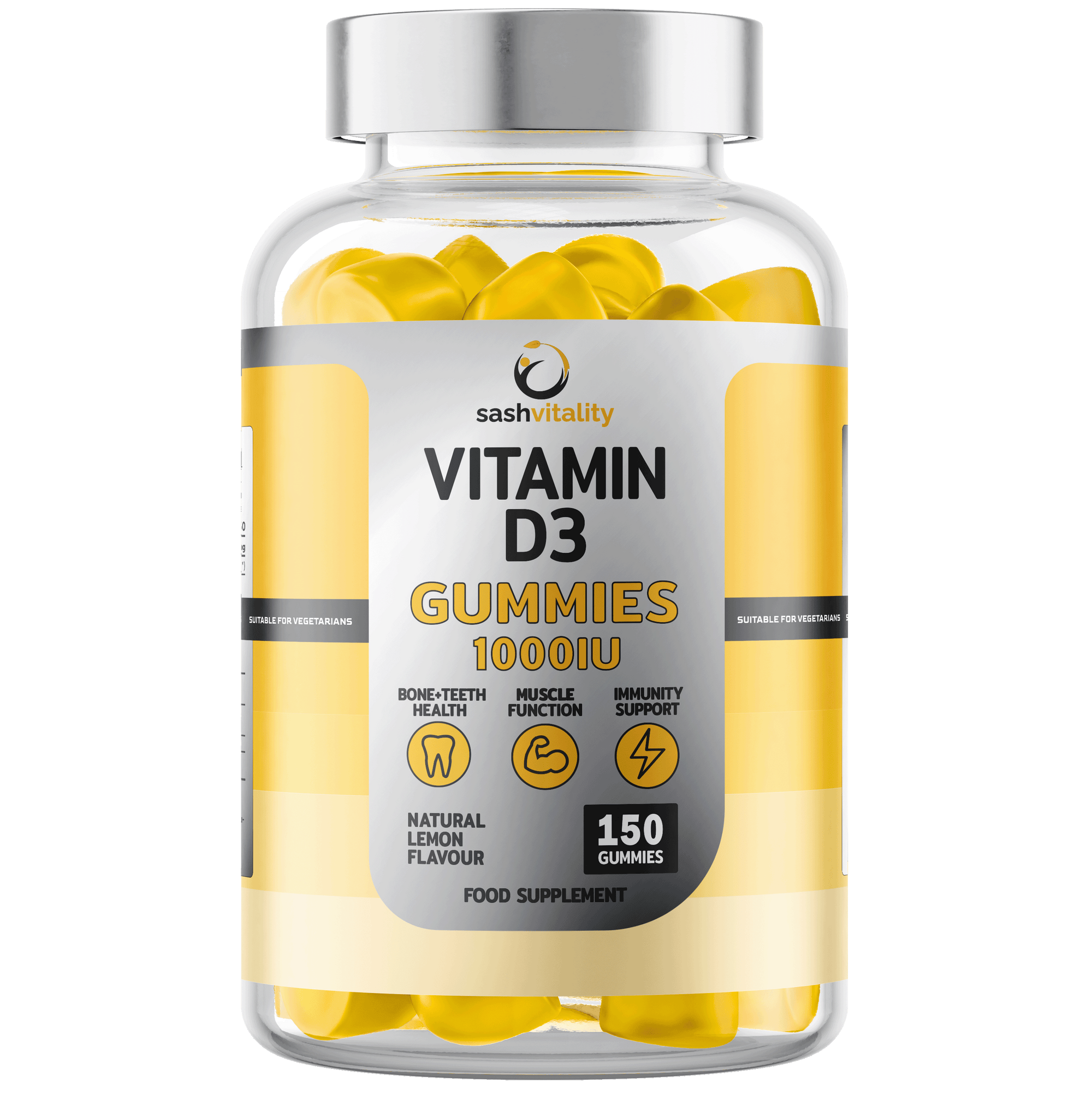 Vitamin D3 Gummies 1000 IU – 150 Tasty Vegetarian Gummies for Kids and Adults | Bone, Skin and Teeth Health | Mood Support | Immune System Support | UK Made Sash Vitality (Lemon Flavour)